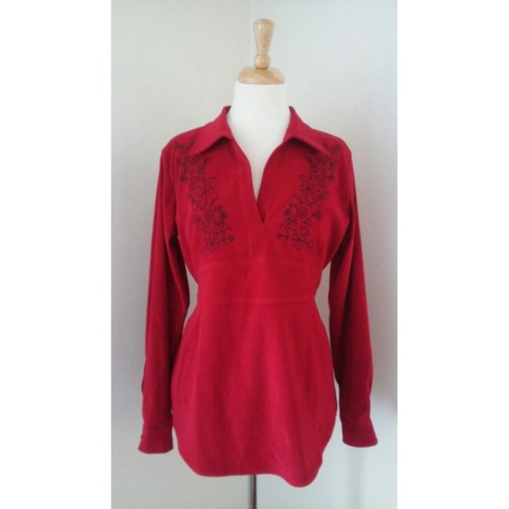 Motherhood‎ Maternity Red Faux Suede Embroidered Empire Waist Tie Back Top Large
